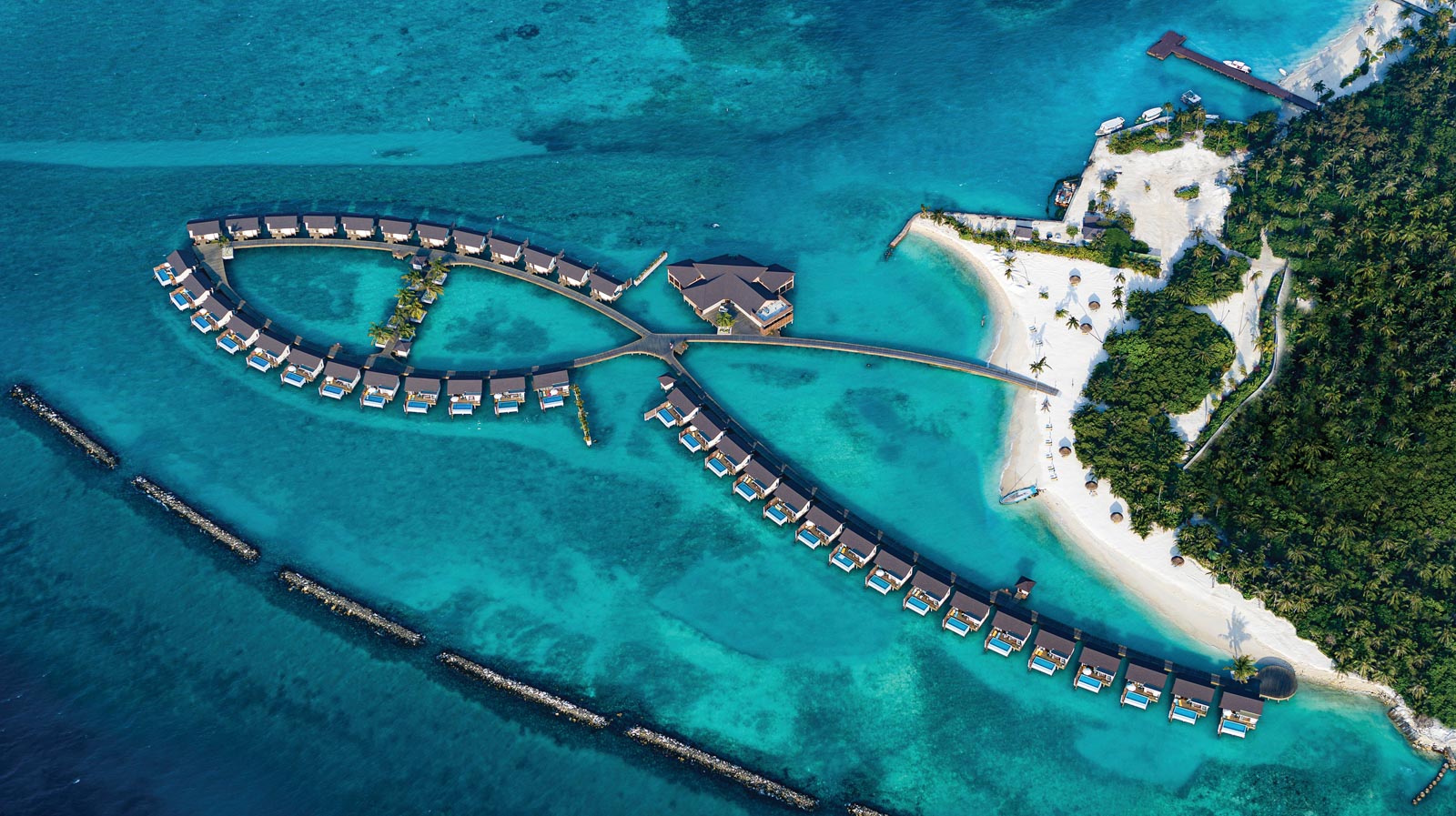 ATMOSPHERE KANIFUSHI MALDIVES - AERIALS AND GENERIC - Water Villa Jetty Aerial 02 - 02_2020
